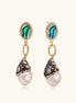 Gold-plated statement earrings with iridescent abalone shells, rope chain links, and crystal-capped baroque pearls