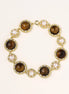 Ornate gold-plated bracelet with alternating brown tiger's eye stones and white freshwater pearls in crystal-accented settings