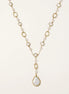 Y-shaped gold-plated necklace with freshwater pearls and geometric elements, featuring a baroque pearl pendant drop