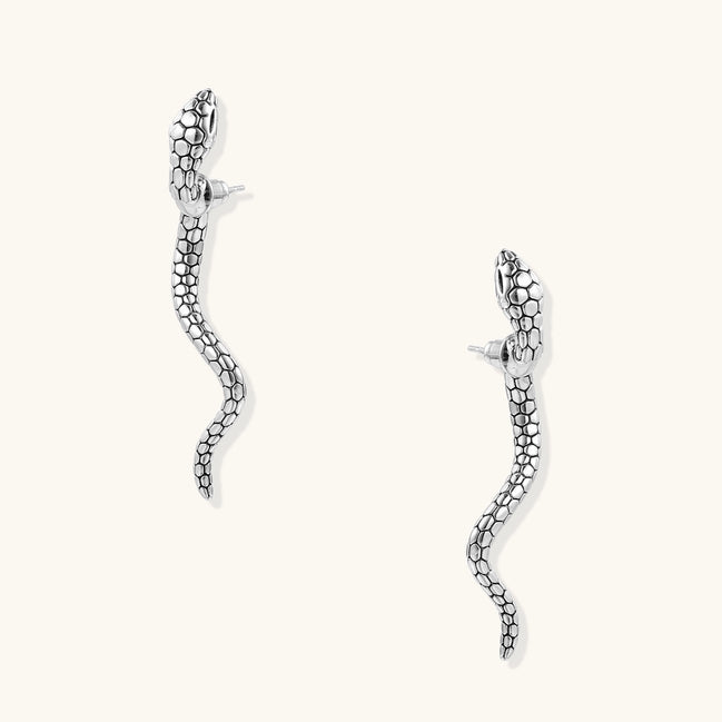 Pair of gold-plated brass snake drop earrings with detailed scale texture and curved serpentine design against white background