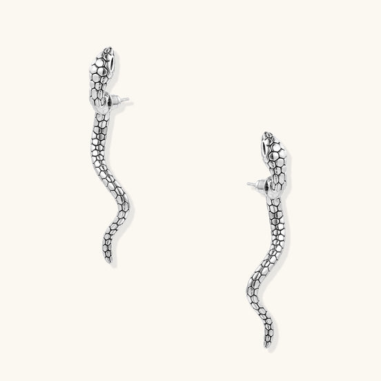 Pair of gold-plated brass snake drop earrings with detailed scale texture and curved serpentine design against white background