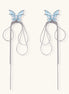 Blue enamel butterfly earrings with cascading gold-plated chains and zirconia crystal accents on white background.