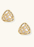 Pair of geometric gold-plated stud earrings with twisted rope lattice pattern and openwork design on white background.