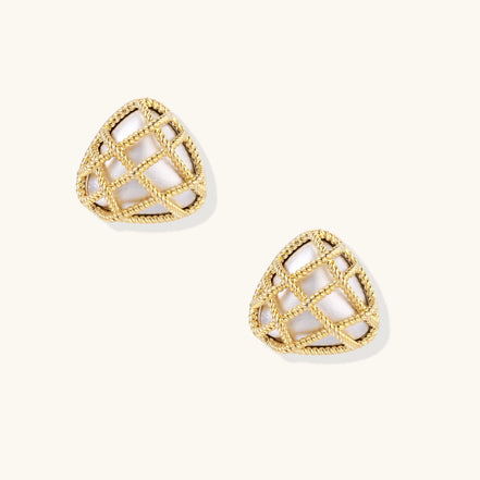 Pair of geometric gold-plated stud earrings with twisted rope lattice pattern and openwork design on white background.