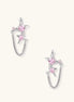 Gold-plated star earrings with pink zirconia stones connected by delicate chains on light background