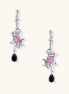 Gothic romantic dangle earrings featuring thorny rose design with pink zirconia and black teardrop elements on white background