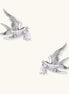 Gold-plated brass swallow earrings with detailed wing engravings carrying clear zirconia crystal drops in their beaks