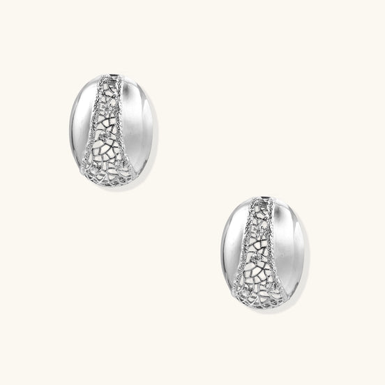 Oval gold-plated brass hoop earrings with cracked zirconia crystal pattern detail on neutral background.