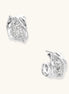 Small gold-plated brass hoop earrings with geometric lattice pattern and zirconia accents on white background.
