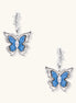 Pair of gold-plated hoop earrings featuring butterfly charms with blue textured wings and clear zirconia accents