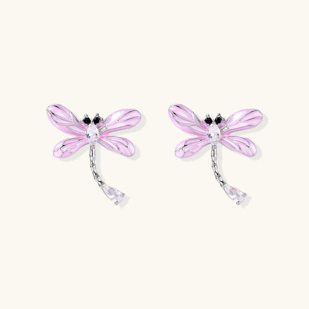 Long dangle earrings with purple dragonfly charms and crystal chains on white background, gold-plated finish.