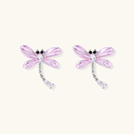 Long dangle earrings with purple dragonfly charms and crystal chains on white background, gold-plated finish.