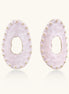Oval lavender enamel earrings with gold studs around perimeter and cutout centers on white background