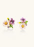 Delicate gold-plated stud earrings featuring white daisy and purple flowers with green leaves and crystal accents