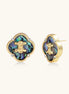 Gold-plated quatrefoil stud earrings featuring iridescent abalone shell centers with decorative motifs and crystal accents