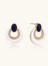 Gold-plated drop earrings featuring blue lapis lazuli ovals, diamond-studded circles, and iridescent mother of pearl teardrops