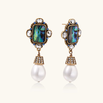 Gold-plated brass drop earrings featuring iridescent abalone shell centers, crystal accents, and white pearl drops.
