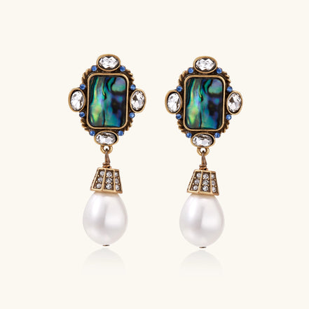 Gold-plated brass drop earrings featuring iridescent abalone shell centers, crystal accents, and white pearl drops.