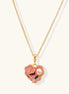 Gold-plated heart pendant necklace with pink enamel rose design and freshwater pearl on adjustable chain