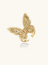 Adjustable gold-plated brass butterfly ring with intricate filigree cutout patterns and cubic zirconia accents on white background.