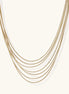 Multiple delicate gold-plated snake chains in graduated lengths on white background, adjustable layered necklace design.