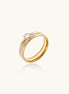 14K gold plated ring with center rhinestone and accent stones along the band on white background.
