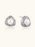 Close-up of triangular gold-plated stud earrings with central freshwater pearl surrounded by baguette crystals