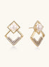 Gold-plated geometric drop earrings with freshwater pearls in square frames and crystal-accented diamond-shaped dangles