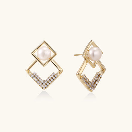 Gold-plated geometric drop earrings with freshwater pearls in square frames and crystal-accented diamond-shaped dangles