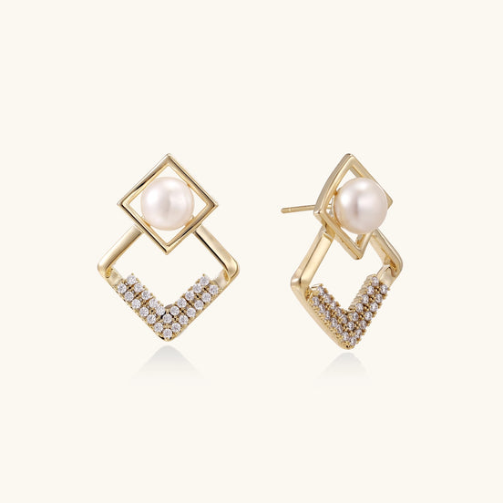 Gold-plated geometric drop earrings with freshwater pearls in square frames and crystal-accented diamond-shaped dangles