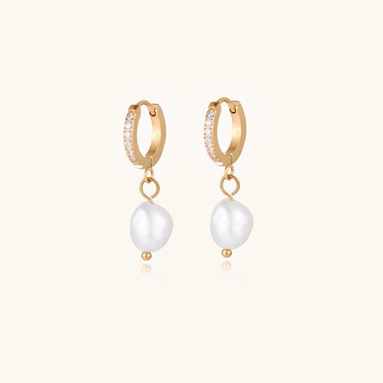 18K gold plated hoop earrings with freshwater pearl drops on neutral background, showing elegant minimalist design.