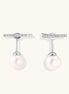 Rhodium-plated sterling silver ear jacket earrings with diamond-set horizontal bar and freshwater pearl drop