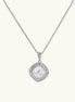 Cushion-shaped double halo pendant with 10mm freshwater pearl center on rhodium-plated sterling silver chain