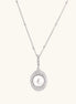 Oval sterling silver pendant with crystal halo surrounding a white freshwater pearl on delicate chain