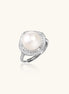 Rhodium-plated silver ring with round pearl center, double halo of baguette and round crystals forming cushion shape
