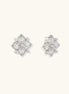 Ornate sterling silver stud earrings with mandala-inspired filigree pattern and four freshwater pearls on beige background