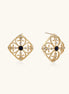 Gold filigree stud earrings with navy lapis lazuli center stone and mother-of-pearl accents in ornate quatrefoil design