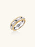 Two-tone ring with brushed silver center, gold beaded edges, and blue zirconia stones on white background.